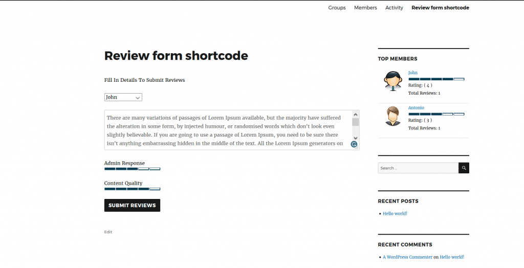 BuddyPress User Profile Reviews Plugin
