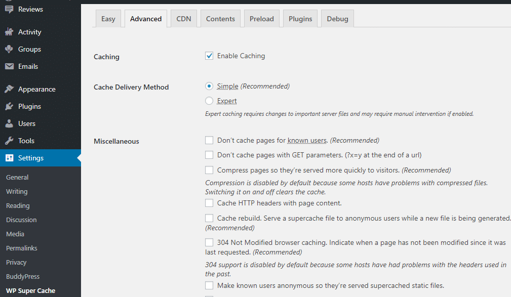 Setup WP Super Cache Plugin