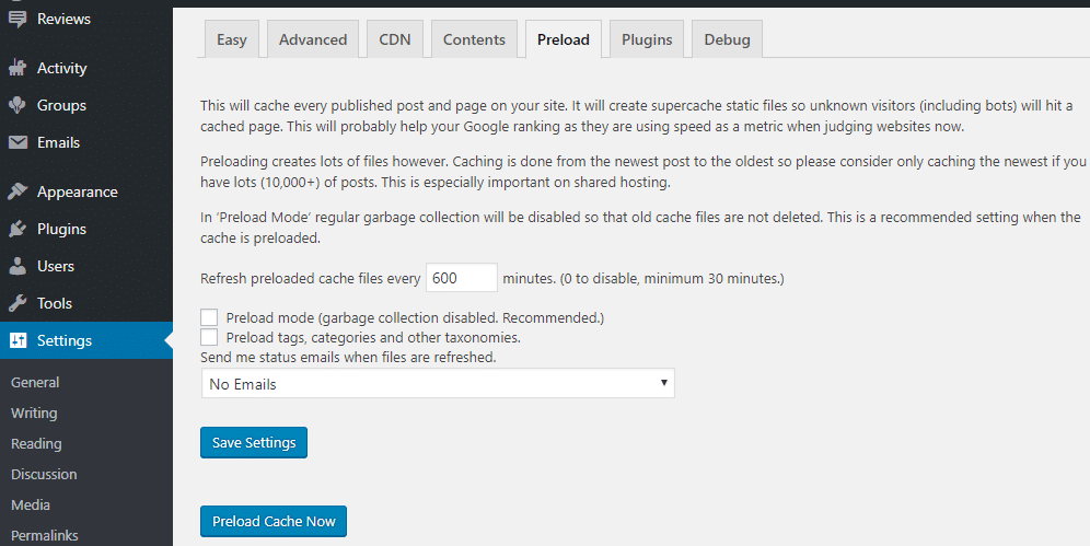 Setup WP Super Cache Plugin