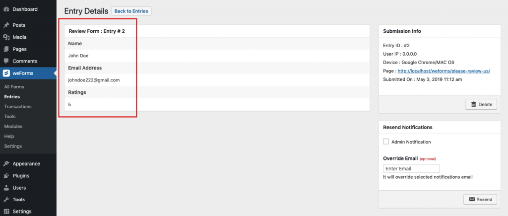 weforms entries details,Review feedback Form