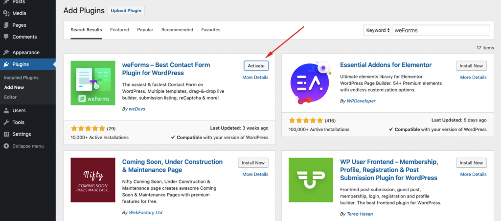 Activate weForms & weForms Pro