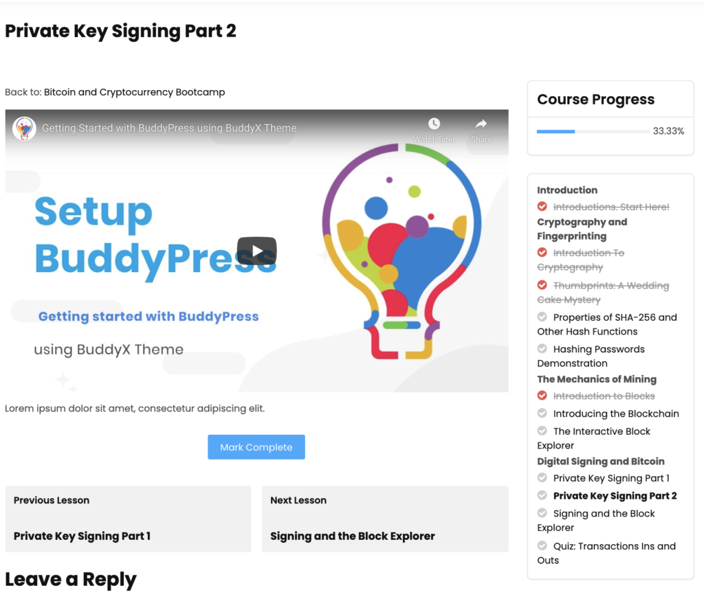 Free LifterLMS Theme lesson layout
