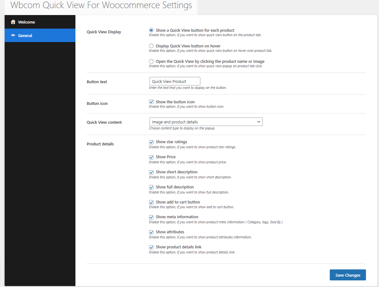 Quick View for WooCommerce Backend Setting