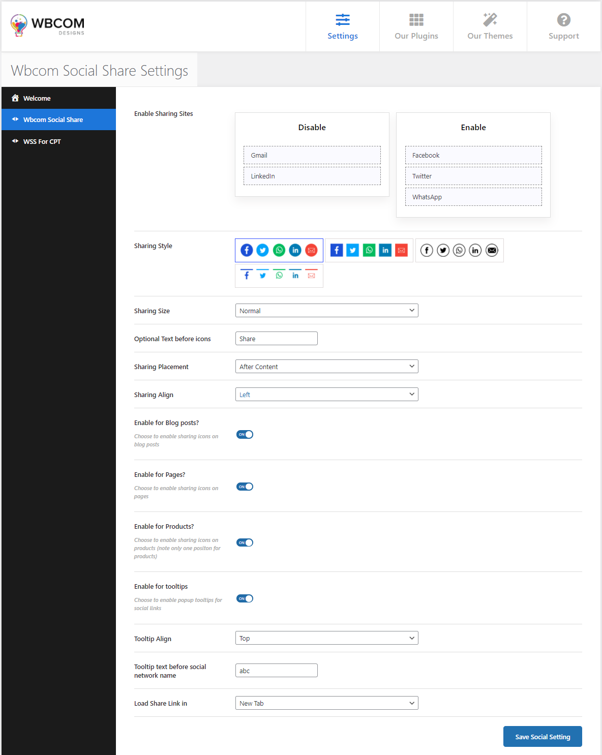 wbcom social share settings