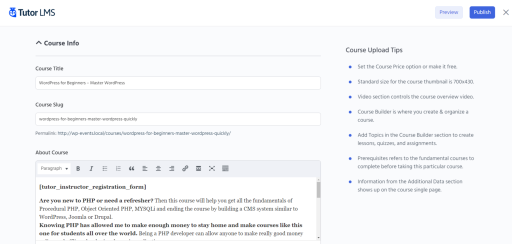 frentend course builder tutor lms
