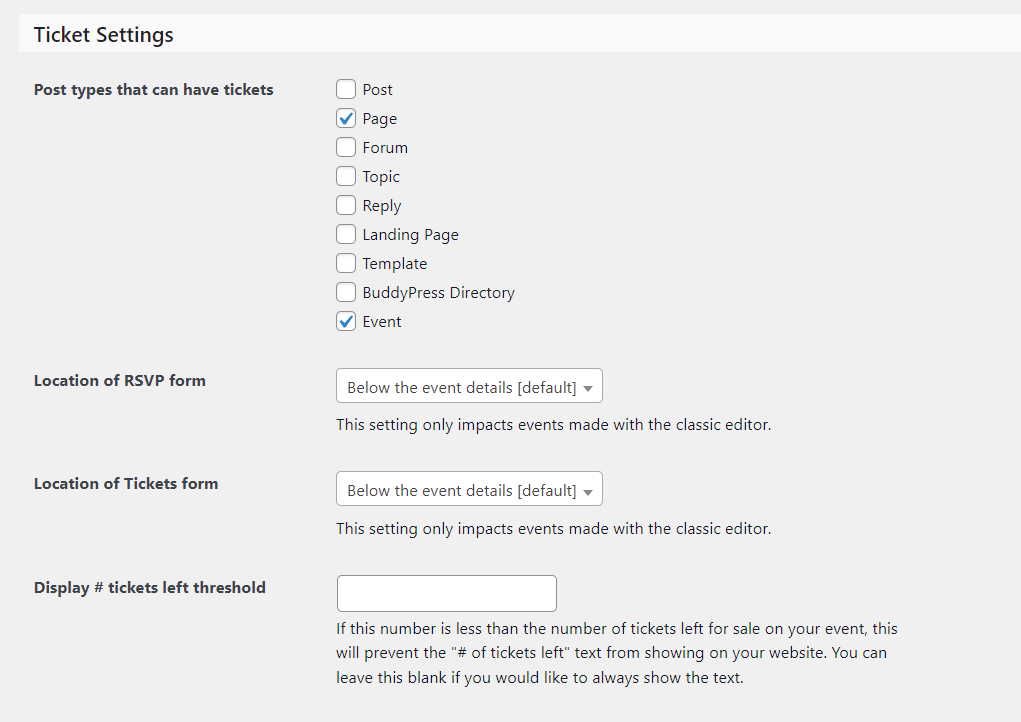 Event Ticket Settings