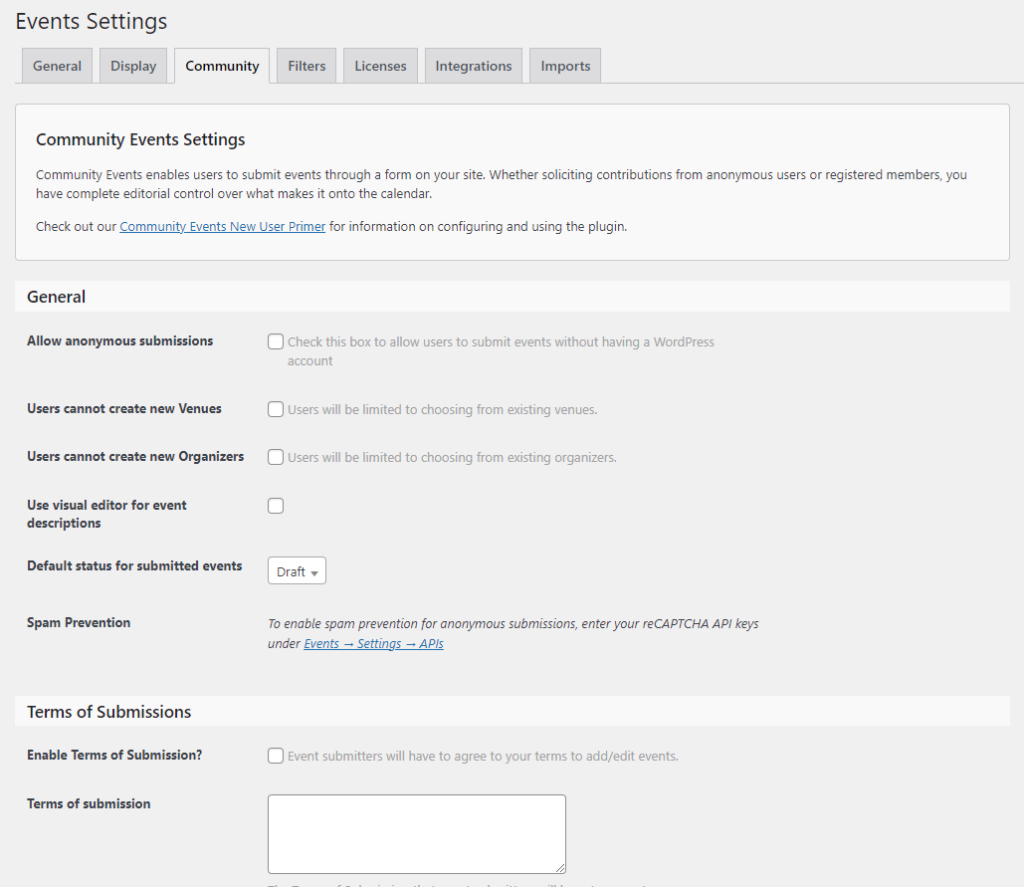 Event Community Settings 