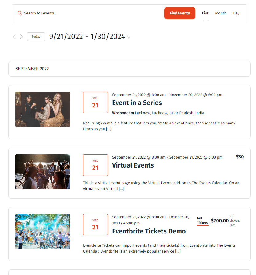 All events page