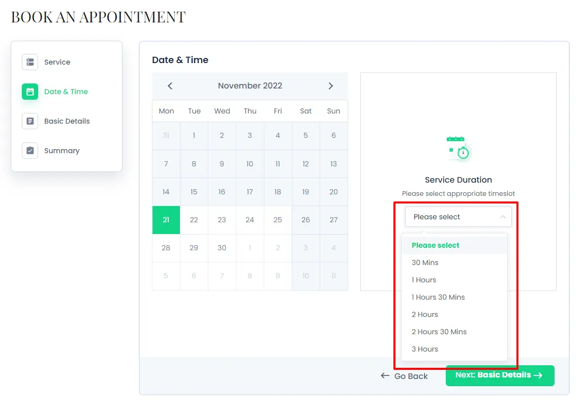 Custom Service Duration