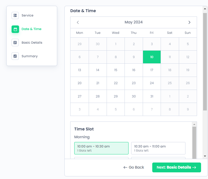 Booking with calendar view