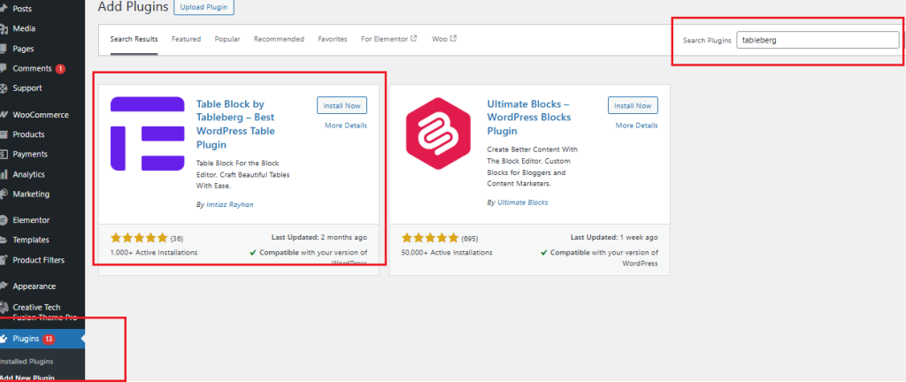 Tableberg feature comparison plugin