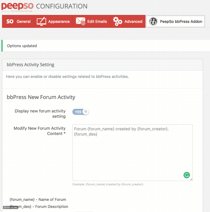 bbPress peepso options