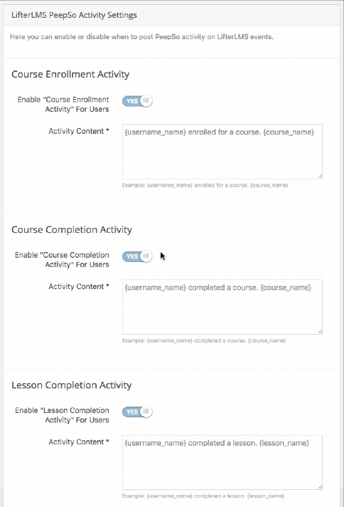LifterLMS PeepSo Settings